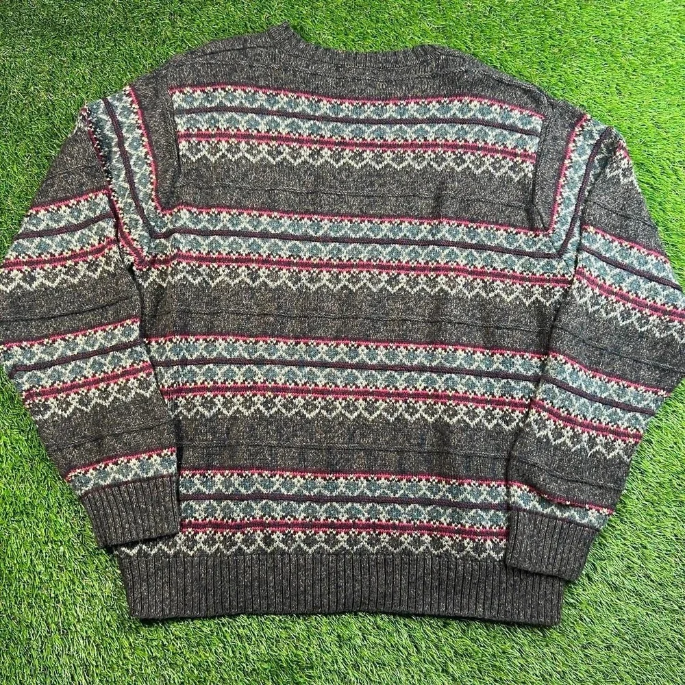Vintage Geoffrey Beene Fair Isle Nordic Sweater XL Cotton Gray Pink 90s Knitwear